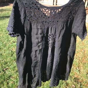 Johnny Was dark blue embroidered eyelet blouse top